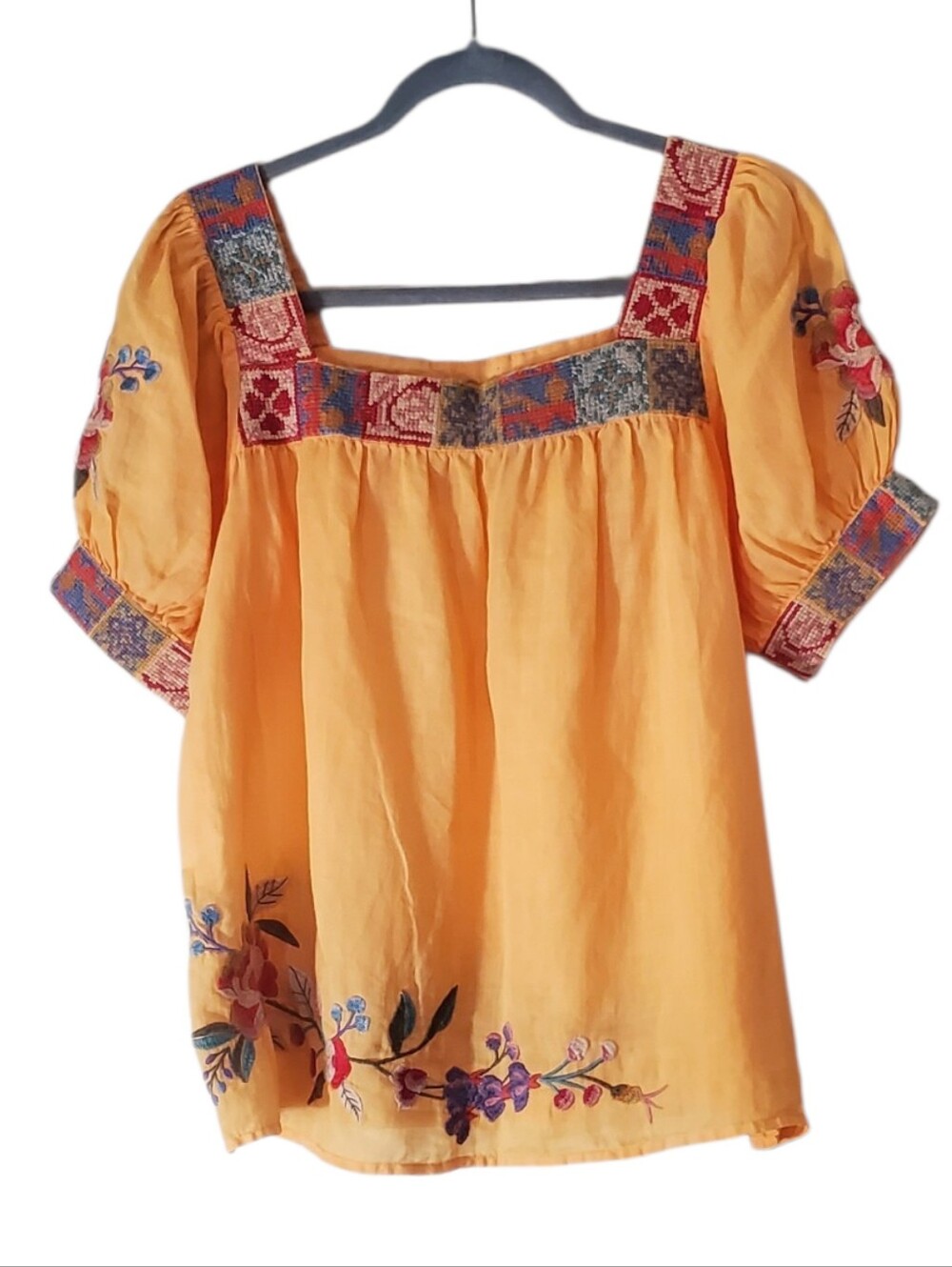 Johnny Was Petunia Park Embroidered Blouse Top Peasant Boho Mustard Yellow M